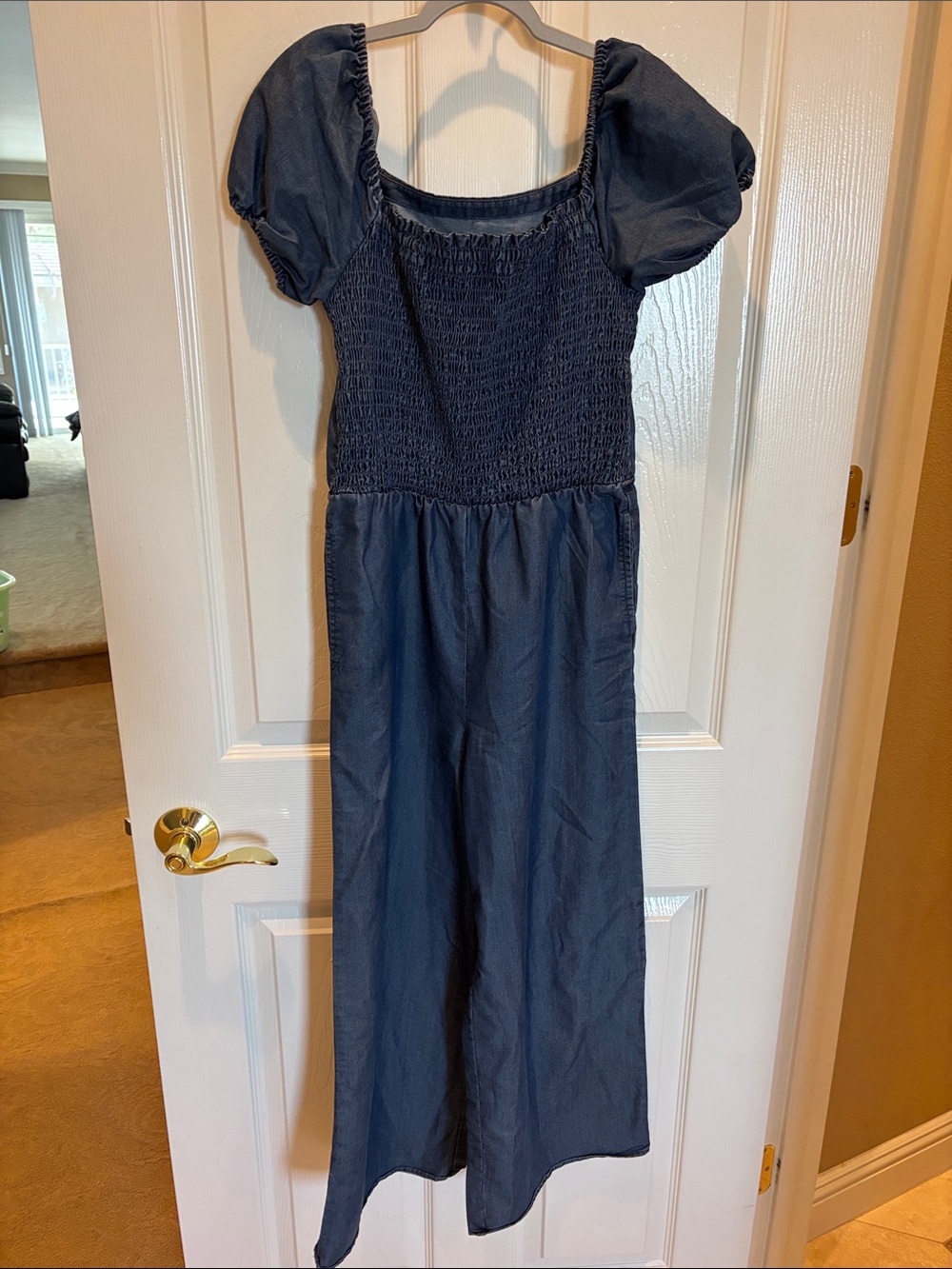 Girls Navy Puff-Sleeve One-Piece Romper with Smocked Bodice